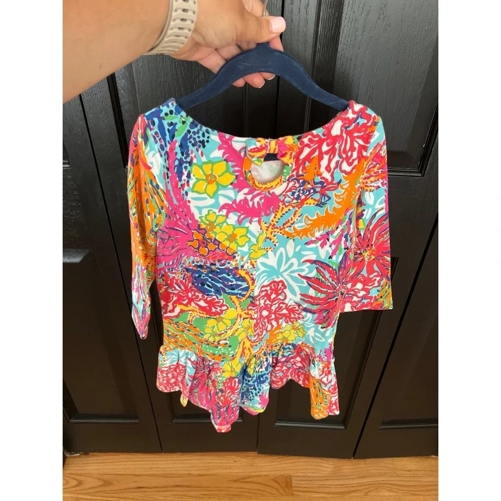 Lilly Pulitzer Girls Morgana Multi color Coral Ruffle Bow Dress sz‎ 4-5 small